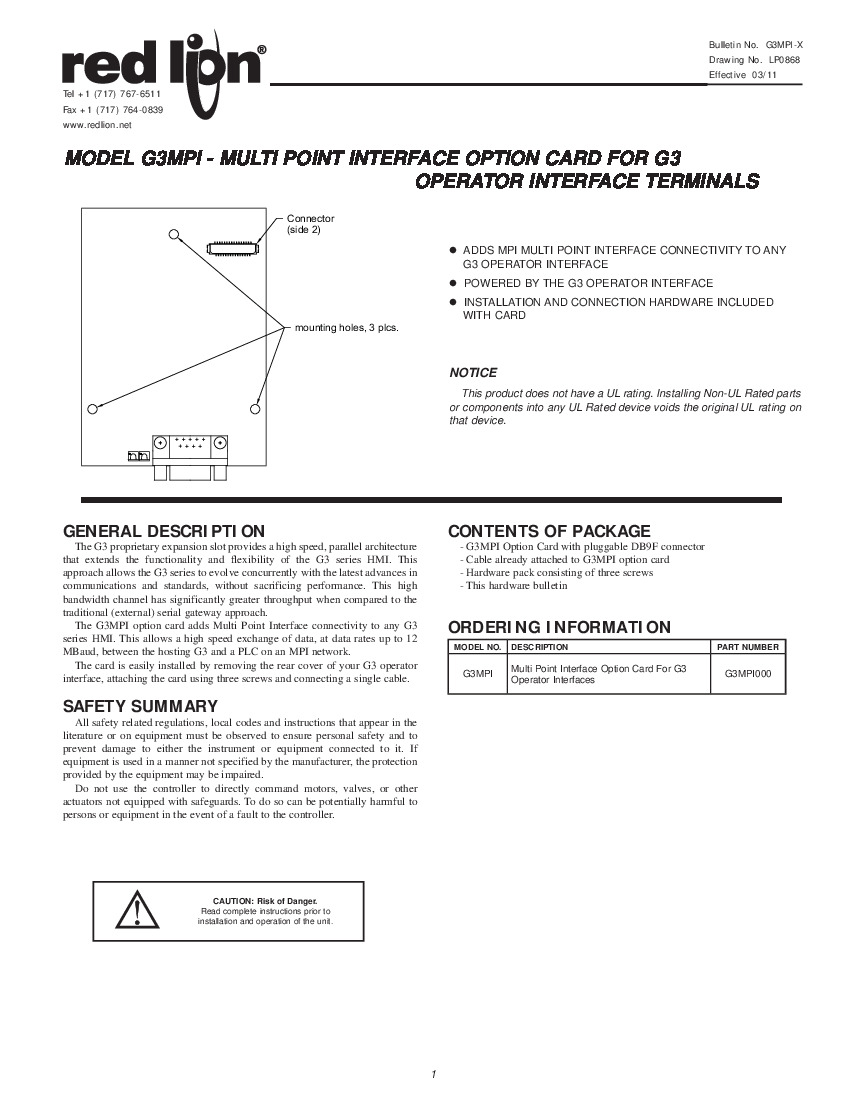 First Page Image of G3MPI000 Red Lion G3MPI Multi Point Option Card Manual G3MPI-X.pdf
